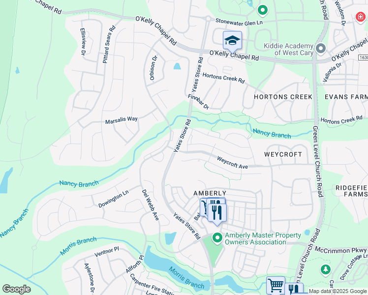map of restaurants, bars, coffee shops, grocery stores, and more near Sage Commons Way in Cary
