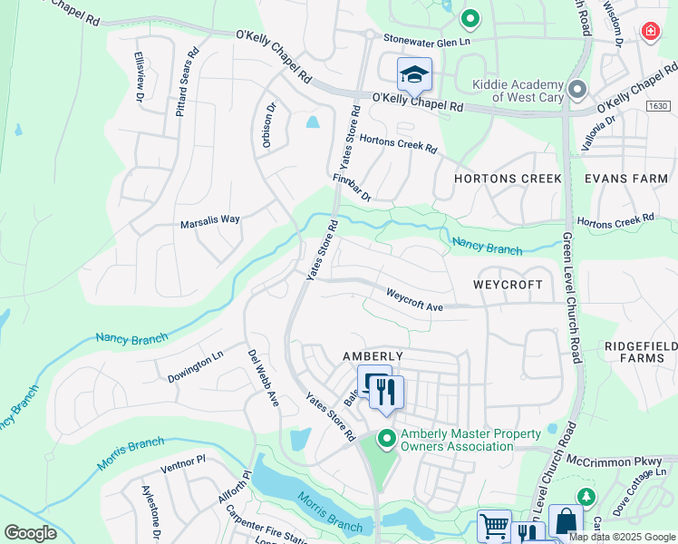 map of restaurants, bars, coffee shops, grocery stores, and more near 813 Bristol Bridge Drive in Cary