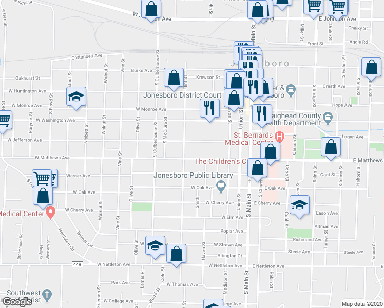 map of restaurants, bars, coffee shops, grocery stores, and more near 524 West Matthews Avenue in Jonesboro