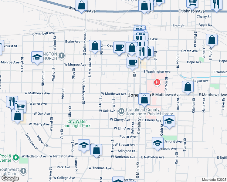 map of restaurants, bars, coffee shops, grocery stores, and more near 418 West Matthews Avenue in Jonesboro