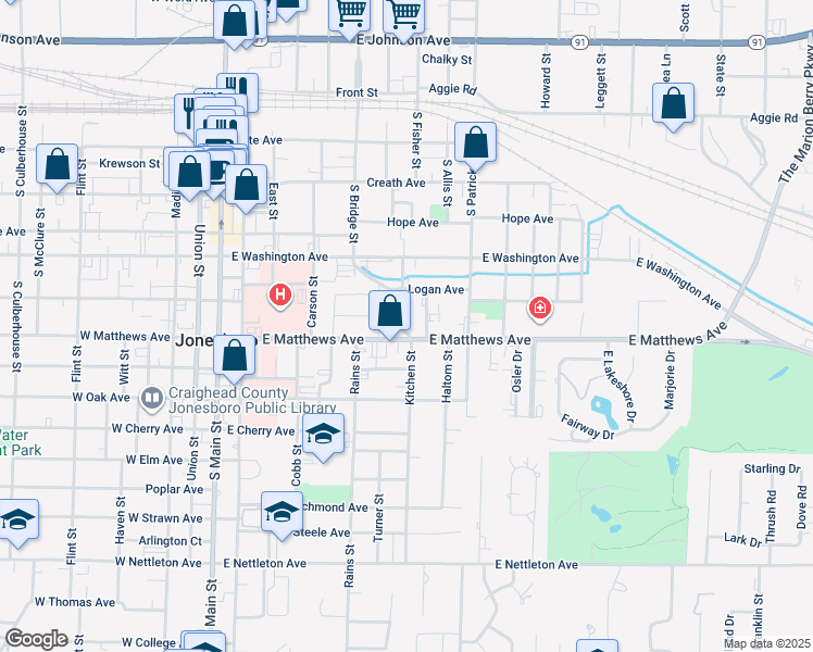 map of restaurants, bars, coffee shops, grocery stores, and more near 720 Kitchen Street in Jonesboro
