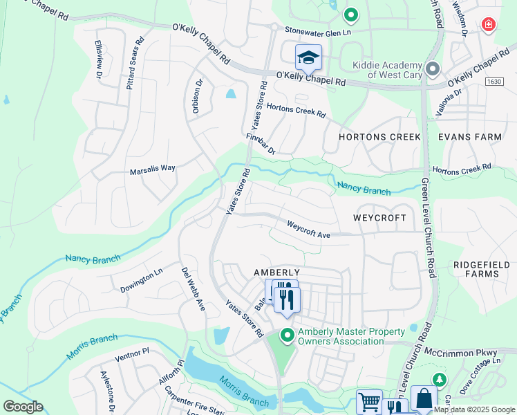 map of restaurants, bars, coffee shops, grocery stores, and more near 820 Bristol Bridge Drive in Cary