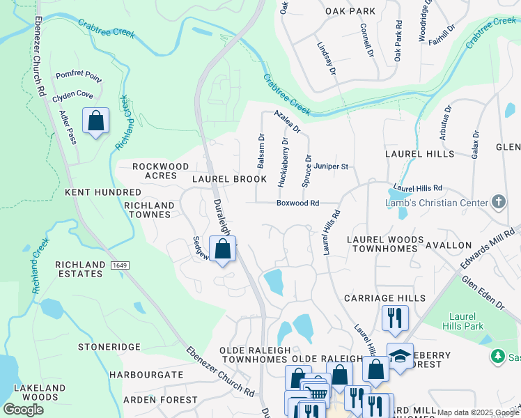 map of restaurants, bars, coffee shops, grocery stores, and more near 4409 Boxwood Road in Raleigh