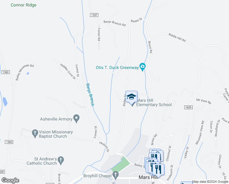 map of restaurants, bars, coffee shops, grocery stores, and more near 105 Bearwood Drive in Mars Hill