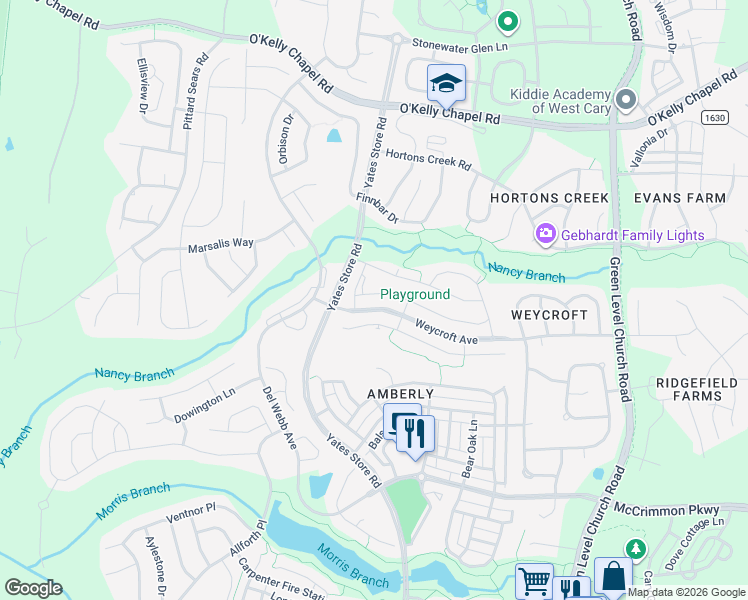 map of restaurants, bars, coffee shops, grocery stores, and more near 813 Bristol Bridge Drive in Cary