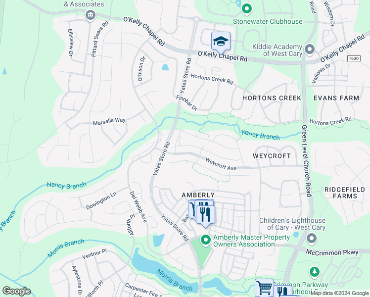 map of restaurants, bars, coffee shops, grocery stores, and more near 820 Bristol Bridge Drive in Cary