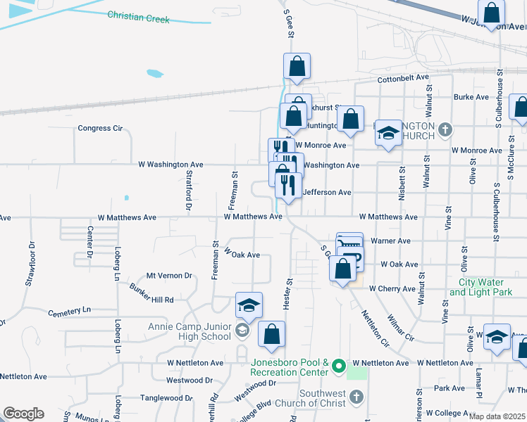 map of restaurants, bars, coffee shops, grocery stores, and more near 705 Meadowbrook Street in Jonesboro