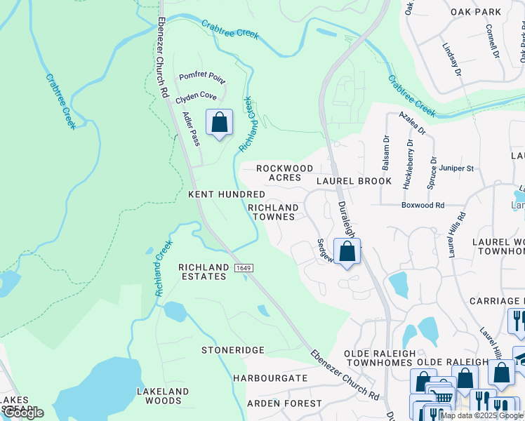map of restaurants, bars, coffee shops, grocery stores, and more near 4638 Fawnbrook Circle in Raleigh