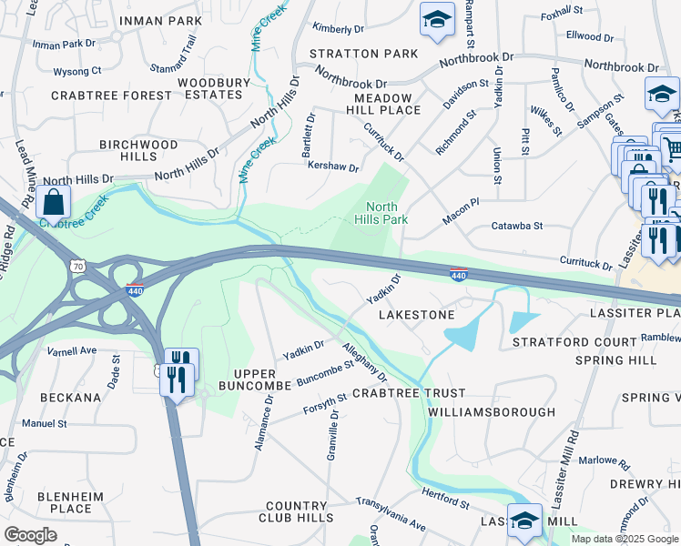 map of restaurants, bars, coffee shops, grocery stores, and more near 716 Staley Court in Raleigh