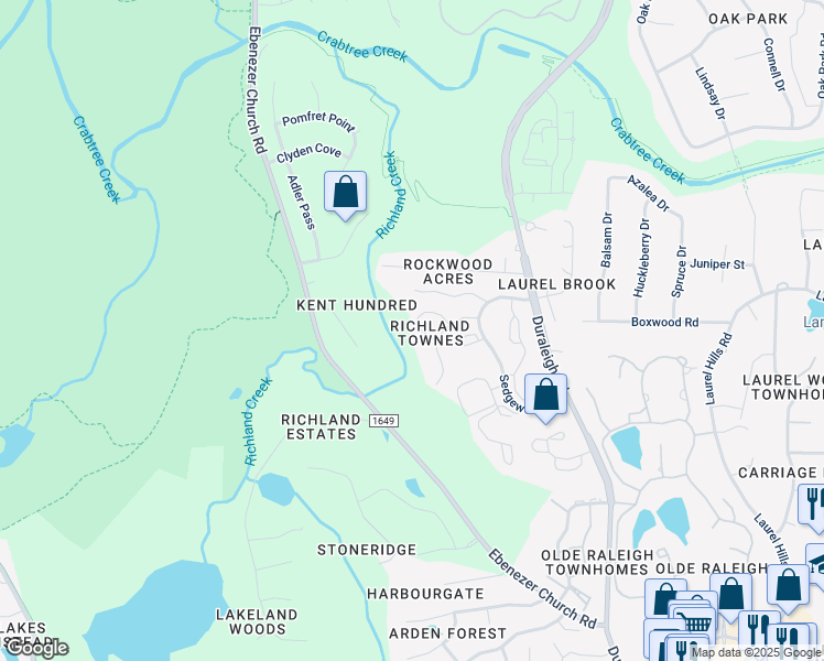 map of restaurants, bars, coffee shops, grocery stores, and more near 4638 Fawnbrook Circle in Raleigh