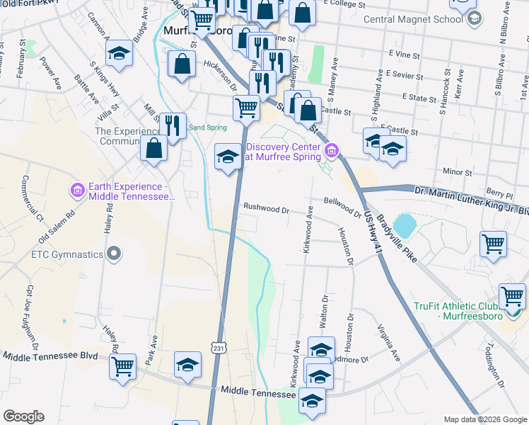 map of restaurants, bars, coffee shops, grocery stores, and more near 123 Rushwood Drive in Murfreesboro