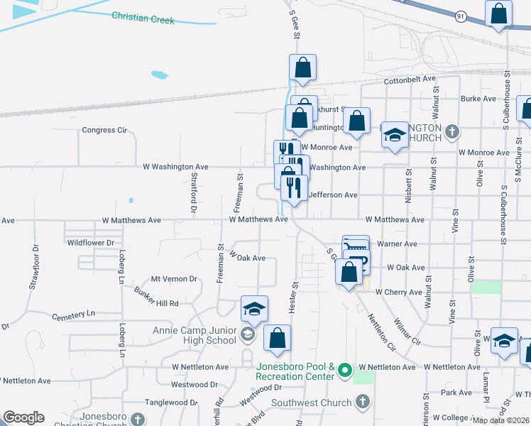 map of restaurants, bars, coffee shops, grocery stores, and more near 705 Meadowbrook Street in Jonesboro
