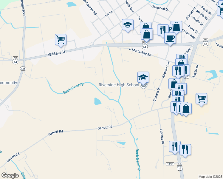 map of restaurants, bars, coffee shops, grocery stores, and more near 200 Santee Drive in Williamston