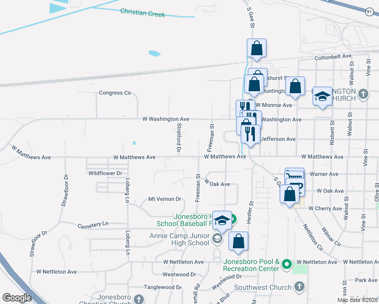 map of restaurants, bars, coffee shops, grocery stores, and more near 721 Crescent Cove in Jonesboro