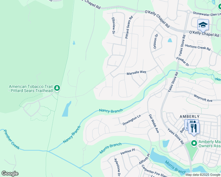 map of restaurants, bars, coffee shops, grocery stores, and more near 1404 Marsalis Way in Cary