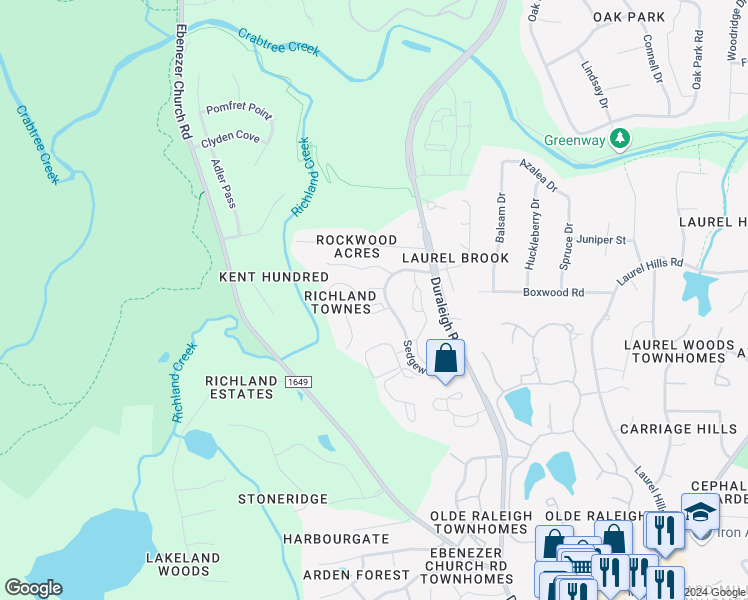 map of restaurants, bars, coffee shops, grocery stores, and more near 4100 Sedgewood Drive in Raleigh