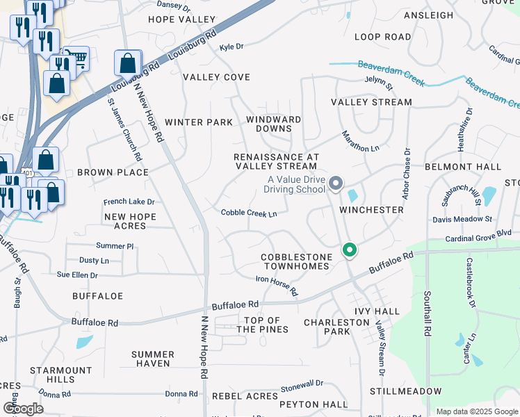 map of restaurants, bars, coffee shops, grocery stores, and more near 4509 Cobble Creek Lane in Raleigh