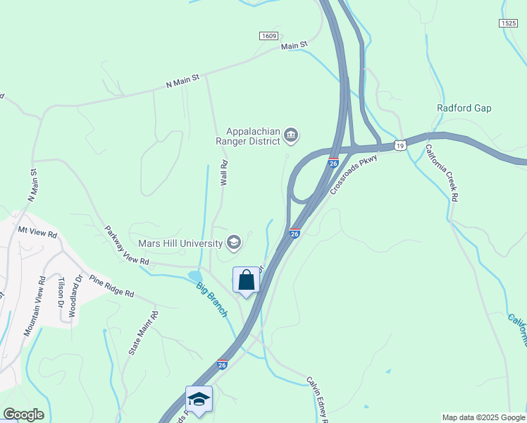 map of restaurants, bars, coffee shops, grocery stores, and more near 345 Manor Rd in Mars Hill