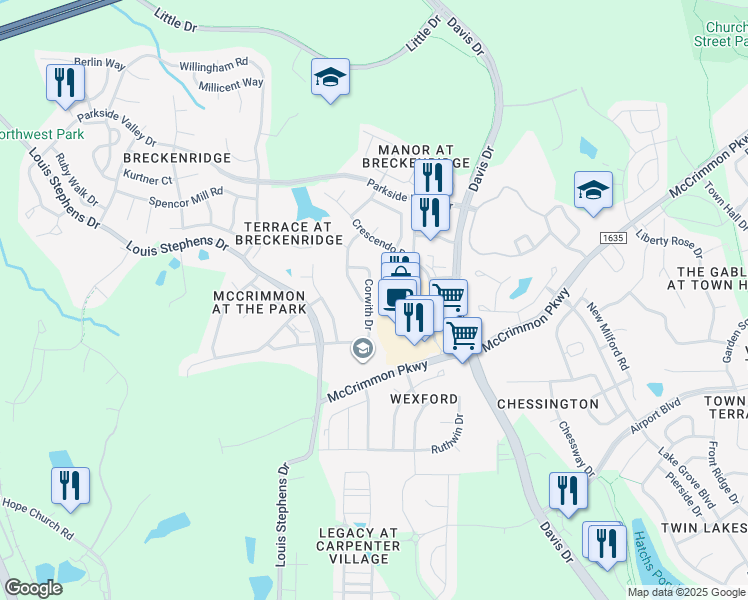 map of restaurants, bars, coffee shops, grocery stores, and more near 1401 Corwith Drive in Morrisville