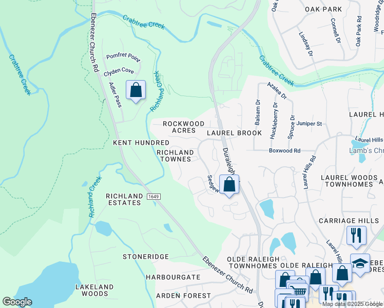 map of restaurants, bars, coffee shops, grocery stores, and more near 4110 Sedgewood Drive in Raleigh