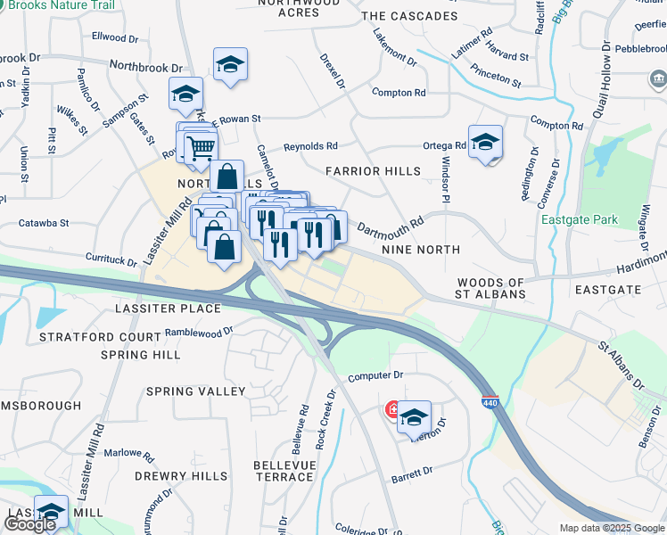 map of restaurants, bars, coffee shops, grocery stores, and more near 4020 Market at North Hills Street in Raleigh