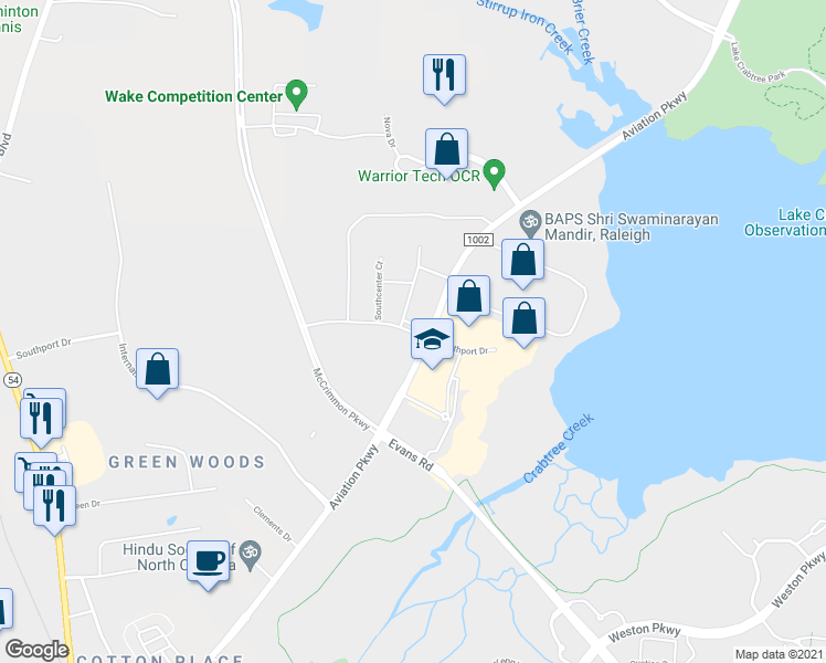 map of restaurants, bars, coffee shops, grocery stores, and more near 802 Southport Drive in Morrisville
