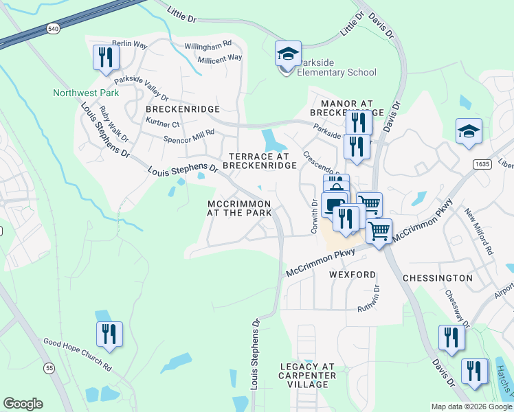 map of restaurants, bars, coffee shops, grocery stores, and more near 114 Marengo Drive in Morrisville
