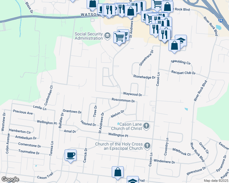 map of restaurants, bars, coffee shops, grocery stores, and more near 2810 Waywood Drive in Murfreesboro