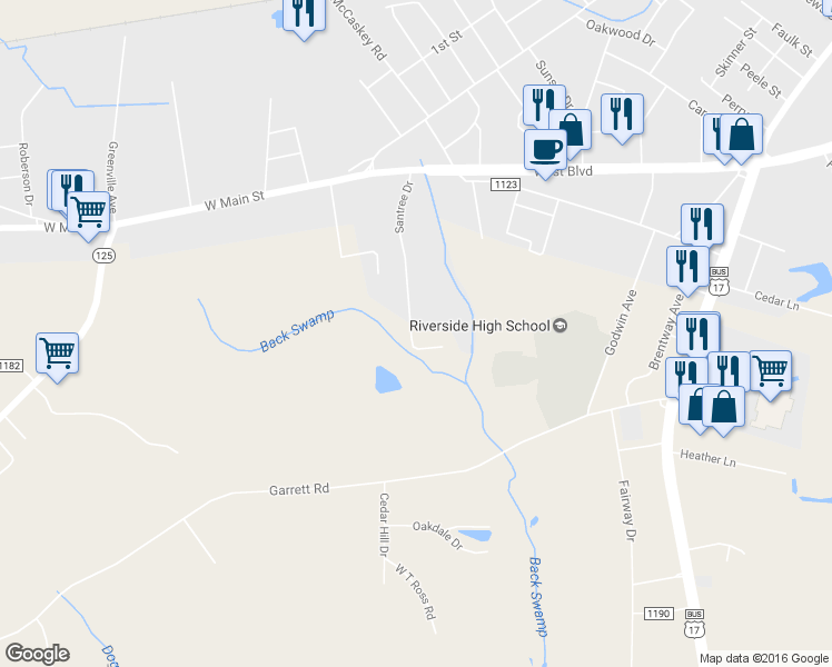 map of restaurants, bars, coffee shops, grocery stores, and more near 203 Santree Drive in Williamston