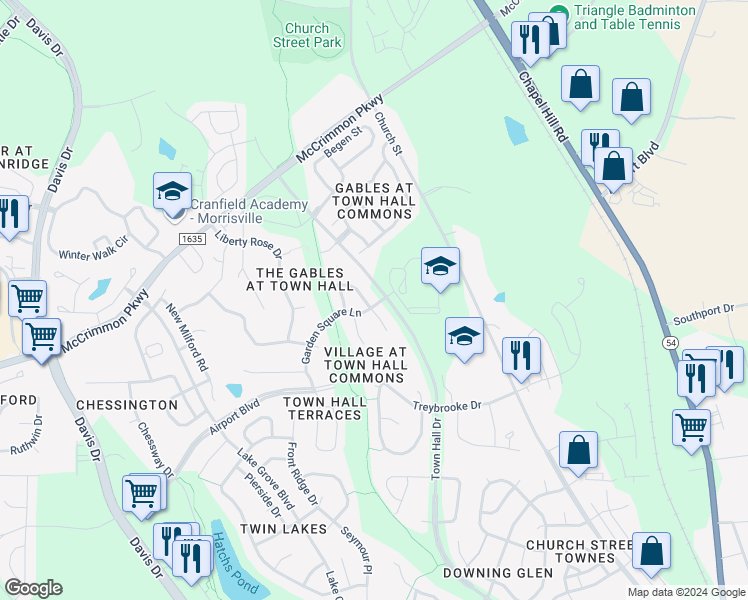 map of restaurants, bars, coffee shops, grocery stores, and more near 200 Governors House Drive in Morrisville