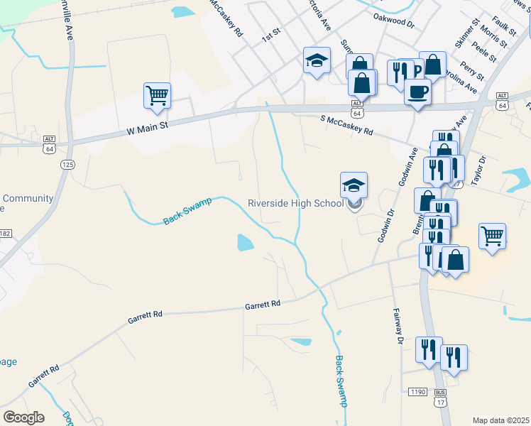 map of restaurants, bars, coffee shops, grocery stores, and more near 200 Santee Drive in Williamston