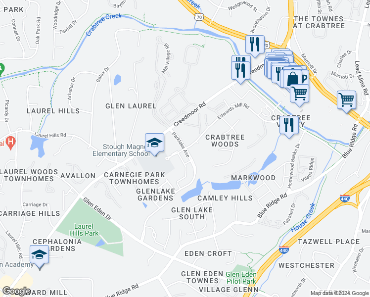 map of restaurants, bars, coffee shops, grocery stores, and more near 4251 Parklake Avenue in Raleigh