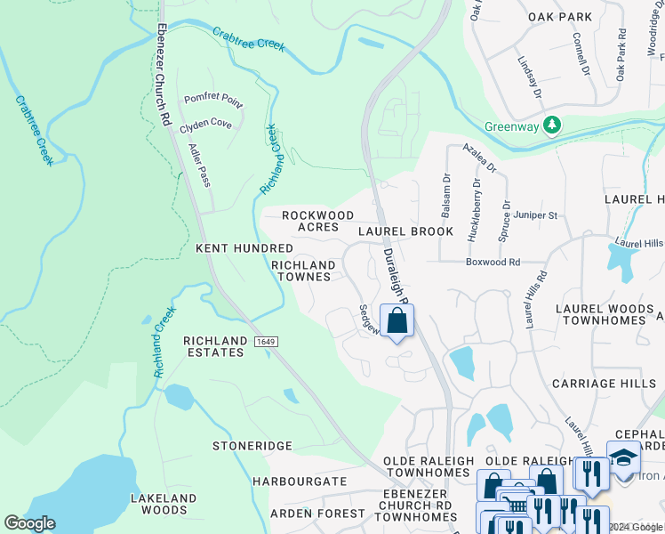 map of restaurants, bars, coffee shops, grocery stores, and more near 4120 Sedgewood Drive in Raleigh