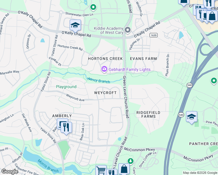 map of restaurants, bars, coffee shops, grocery stores, and more near 518 Foxdale Ridge Drive in Cary