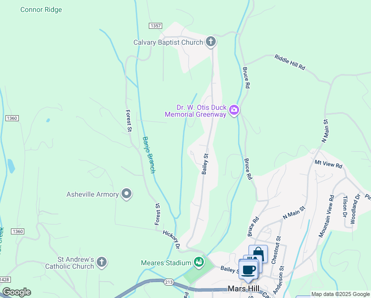 map of restaurants, bars, coffee shops, grocery stores, and more near 105 Bearwood Drive in Mars Hill