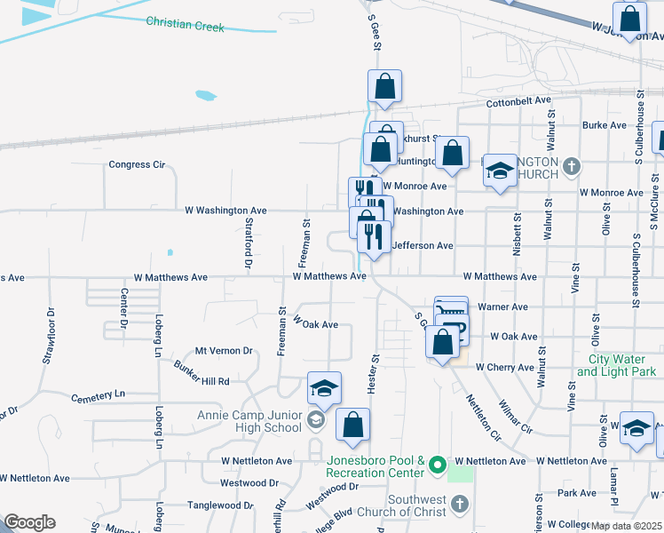 map of restaurants, bars, coffee shops, grocery stores, and more near 705 Meadowbrook Street in Jonesboro