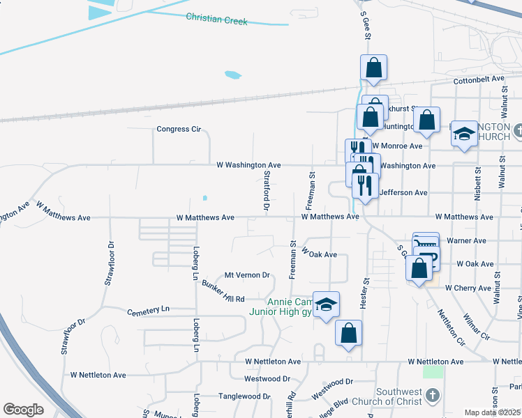 map of restaurants, bars, coffee shops, grocery stores, and more near 703 Stratford Drive in Jonesboro