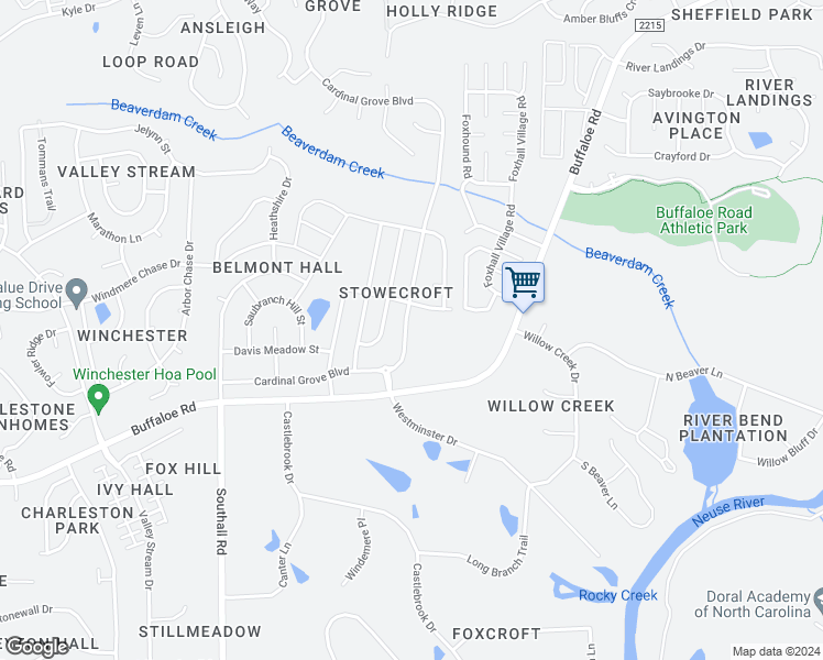 map of restaurants, bars, coffee shops, grocery stores, and more near 4336 Cardinal Grove Boulevard in Raleigh