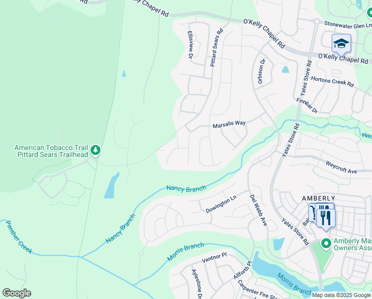 map of restaurants, bars, coffee shops, grocery stores, and more near 1404 Marsalis Way in Cary