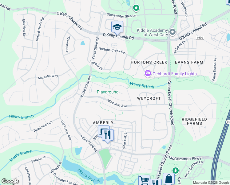 map of restaurants, bars, coffee shops, grocery stores, and more near 849 Bristol Bridge Drive in Cary