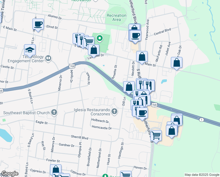 map of restaurants, bars, coffee shops, grocery stores, and more near 2202 U.S. 70S in Murfreesboro