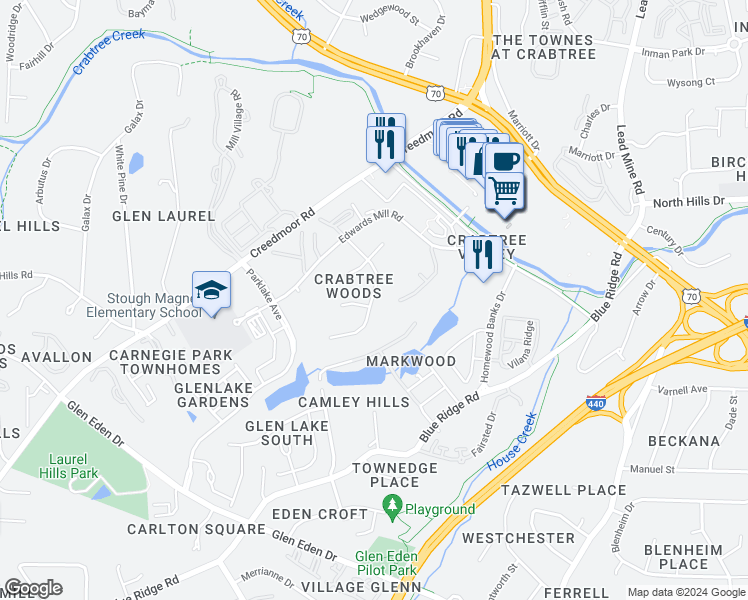 map of restaurants, bars, coffee shops, grocery stores, and more near in Raleigh