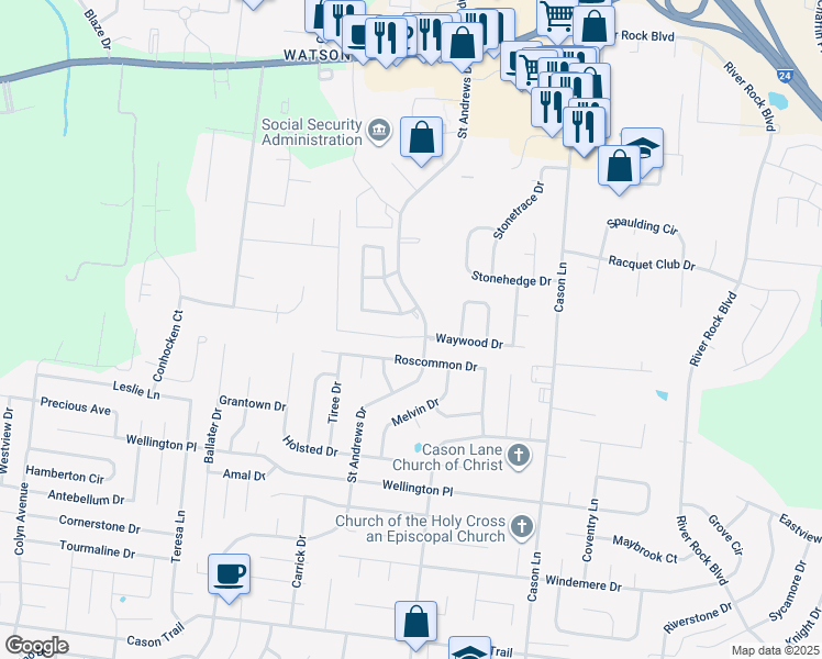 map of restaurants, bars, coffee shops, grocery stores, and more near 2806 Waywood Drive in Murfreesboro