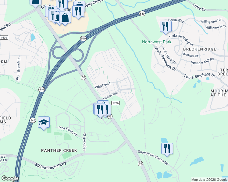 map of restaurants, bars, coffee shops, grocery stores, and more near 4117 Mahal Avenue in Cary