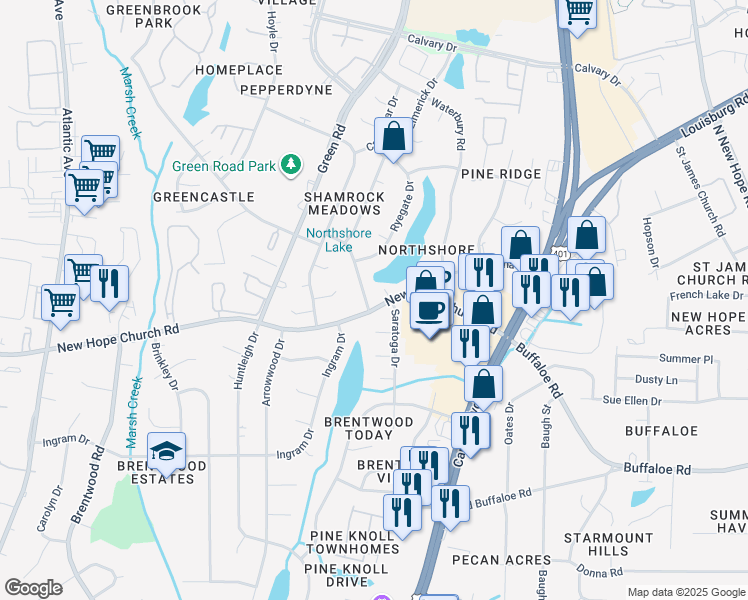 map of restaurants, bars, coffee shops, grocery stores, and more near 3005 New Hope Church Road in Raleigh