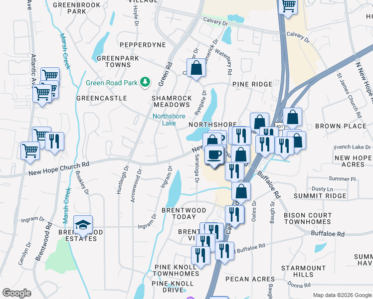 map of restaurants, bars, coffee shops, grocery stores, and more near 3005 New Hope Church Road in Raleigh
