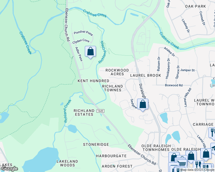 map of restaurants, bars, coffee shops, grocery stores, and more near 4632 Fawnbrook Circle in Raleigh