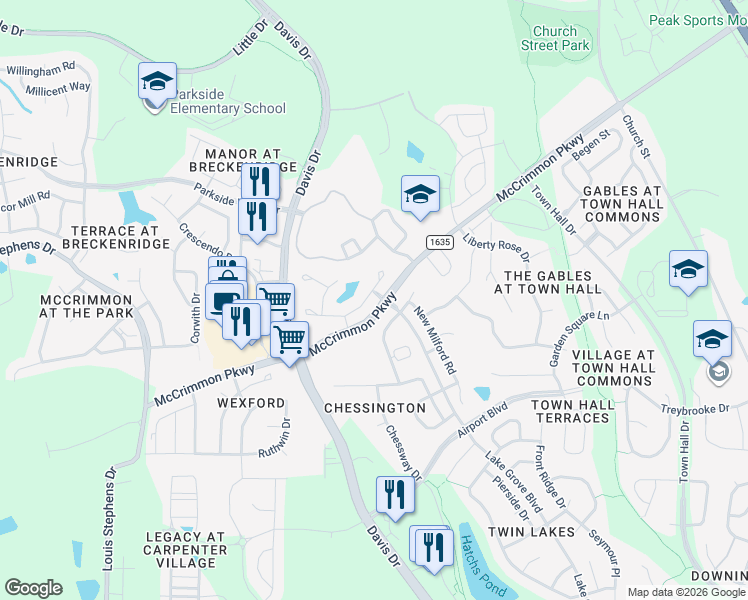 map of restaurants, bars, coffee shops, grocery stores, and more near 505 Berry Chase Way in Cary