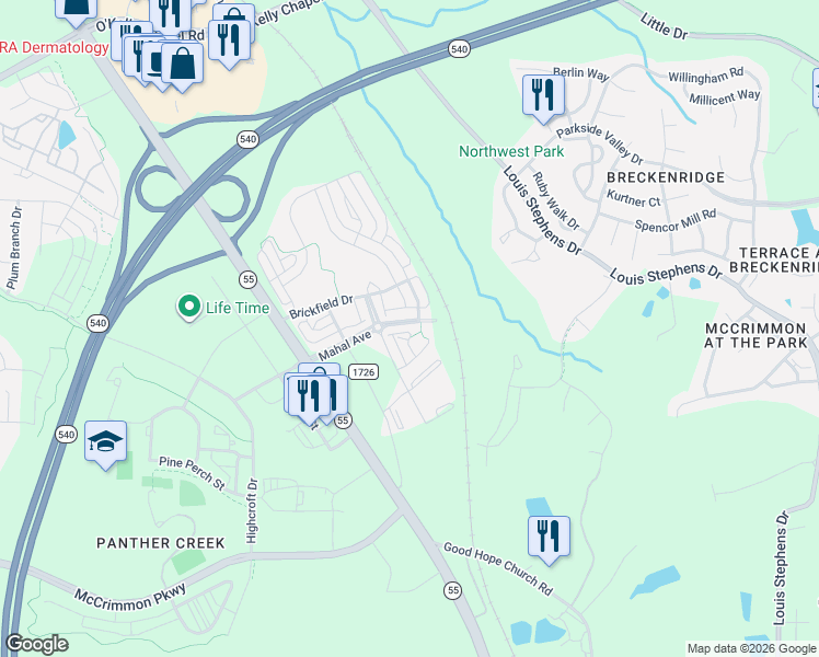map of restaurants, bars, coffee shops, grocery stores, and more near 225 ADOBE PL in Cary
