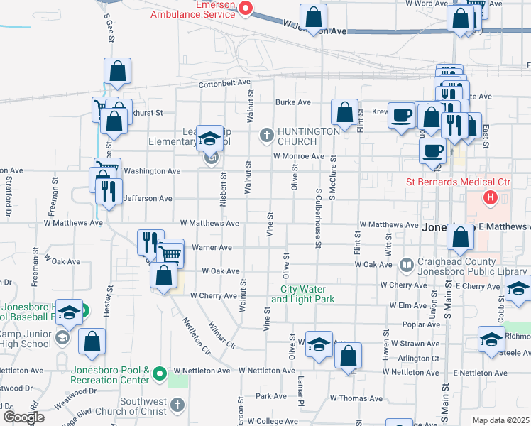 map of restaurants, bars, coffee shops, grocery stores, and more near 826 West Matthews Avenue in Jonesboro